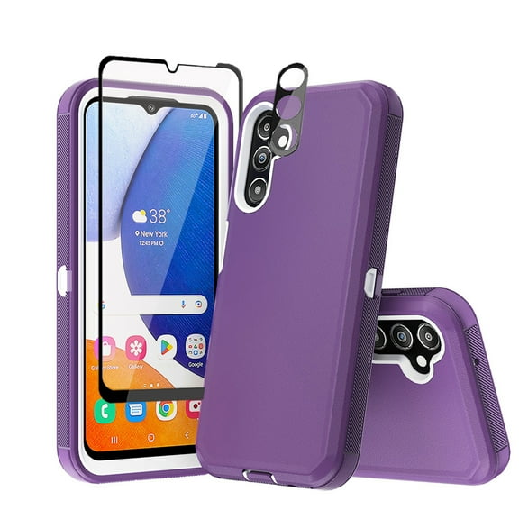 TASHHAR Samsung Galaxy A15 5G Case with Screen Protector Military Grade Heavy Duty Protection 3 in 1 Shockproof Armor Rugged Durable for Galaxy A15 5G Phone - Purple+White