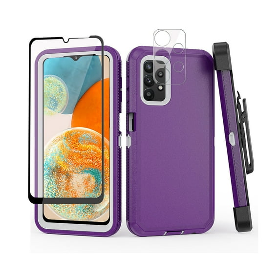 TASHHAR Samsung Galaxy A23 5G Case with Belt Clip Holster+Screen and Lens Protector Military Grade Protection 3 in 1 Shockproof Armor Rugged Durable Detachable for Galaxy A23 5G Phone - Purple+White