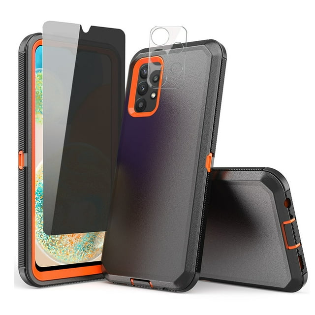 TASHHAR Samsung Galaxy A23 5G Case with Privacy Screen and Lens Protector Military Grade Heavy Duty Protection 3 in 1 Shockproof Armor Rugged Durable Detachable for Galaxy A23 5G Phone - Black+Orange