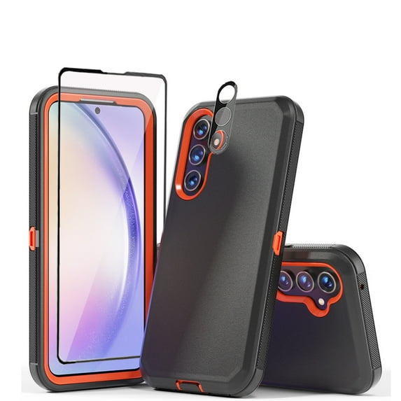 TASHHAR Samsung Galaxy A54 5G Case with Screen and Lens Protector Military Grade Heavy Duty 3 in 1 Shockproof Armor Rugged Durable for Galaxy A54 5G Phone - Black+Orange