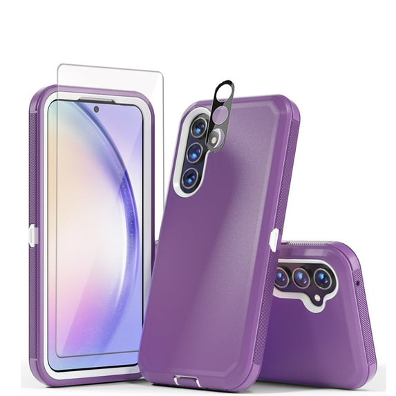 TASHHAR Samsung Galaxy A54 5G Case with Screen and Lens Protector Military Grade Heavy Duty 3 in 1 Shockproof Armor Rugged Durable for Galaxy A54 5G Phone - Purple+White