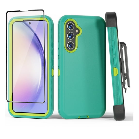 TASHHAR Samsung Galaxy A54 5G Case with Screen Protector and Belt Clip Holster Military Grade Heavy Duty 3 in 1 Shockproof Armor Rugged Durable for Galaxy A54 5G Phone - Green+Yellow