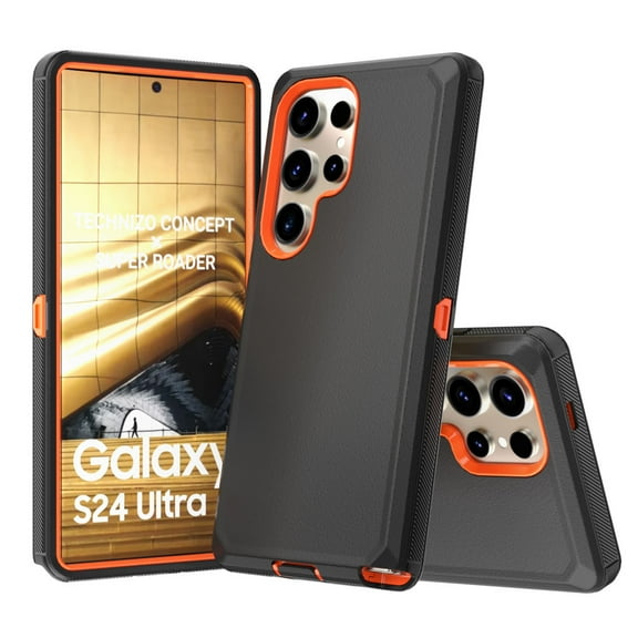 TASHHAR Samsung Galaxy S24 Case Military Grade Heavy Duty Protection 3 in 1 Shockproof Armor Rugged Durable Detachable for Galaxy S24 Phone - Black+Orange