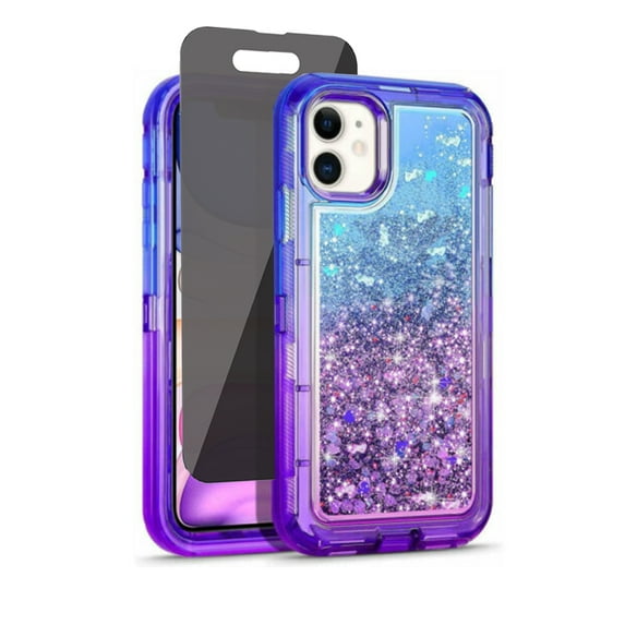 TASHHAR iPhone 14 Plus Case with Privacy Screen Protector 3 in 1 Anti Scratch Clear Glitter Shockproof Durable Moving Shiny Quicksand Liquid Case for iPhone 14 Plus 6.7 inch 2022 Phone Blue+Purple