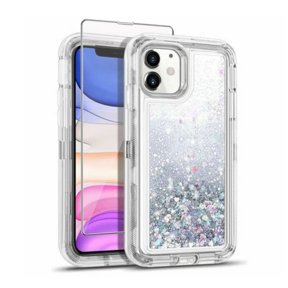 TASHHAR iPhone 14 Plus Case with Screen Protector 3 in 1 Anti Scratch Protection Clear Bling Glitter Shockproof Durable Moving Shiny Quicksand Liquid Case for iPhone 14 Plus 6.7 inch 2022 Phone Silver