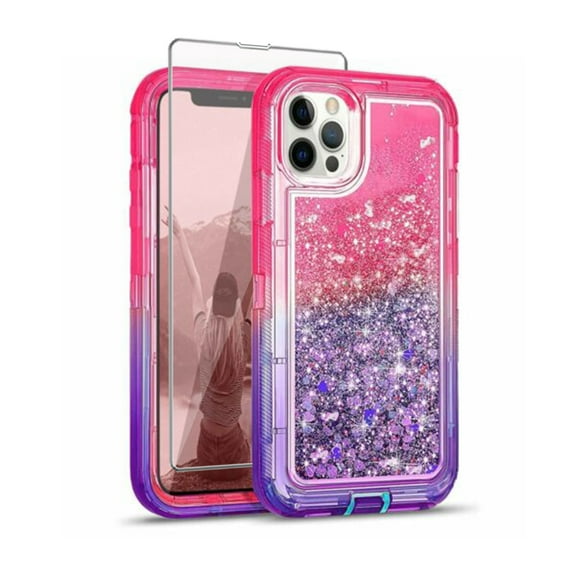 TASHHAR iPhone 14 Plus Case with Screen Protector 3 in 1 Anti Scratch Protection Clear Glitter Shockproof Moving Shiny Quicksand Liquid Case for iPhone 14 Plus 6.7 inch 2022 Phone Rose Red+Purple