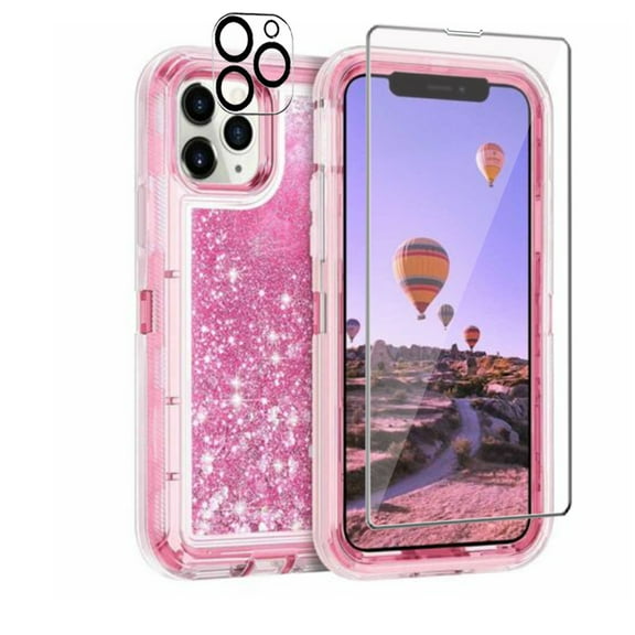 TASHHAR iPhone 14 Pro Case with Screen and Lens Protector 3 in 1 Anti Scratch Protection Clear Glitter Shockproof Durable Moving Shiny Quicksand Liquid Case for iPhone 14 Pro 6.1 inch 2022 Phone Pink