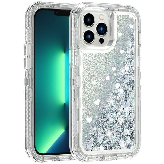 TASHHAR iPhone 14 Pro Max Case 3 in 1 Anti Scratch Protection Clear Bling Glitter Shockproof Durable Moving Shiny Quicksand Liquid Case for iPhone 14 Pro Max 6.7 inch 2022 Phone Silver