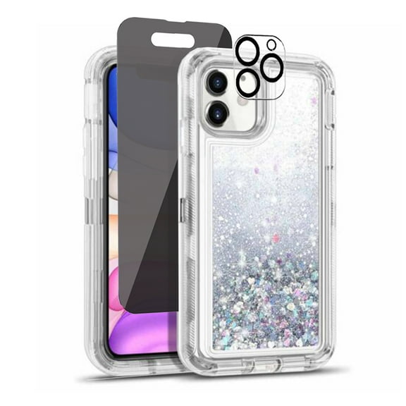 TASHHAR iPhone 14 Pro Max Case with Privacy Screen and Lens Protector Anti Scratch Clear Glitter Shockproof Durable Moving Shiny Quicksand Liquid for iPhone 14 Pro Max 6.7 inch 2022 Phone Silver