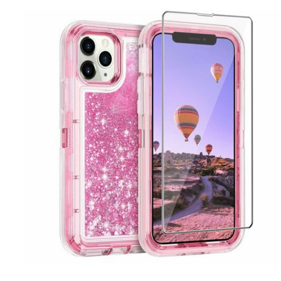 TASHHAR iPhone 14 Pro Max Case with Screen Protector 3 in 1 Anti Scratch Protection Clear Bling Glitter Shockproof Durable Moving Shiny Quicksand Liquid for iPhone 14 Pro Max 6.7 inch 2022 Phone Pink