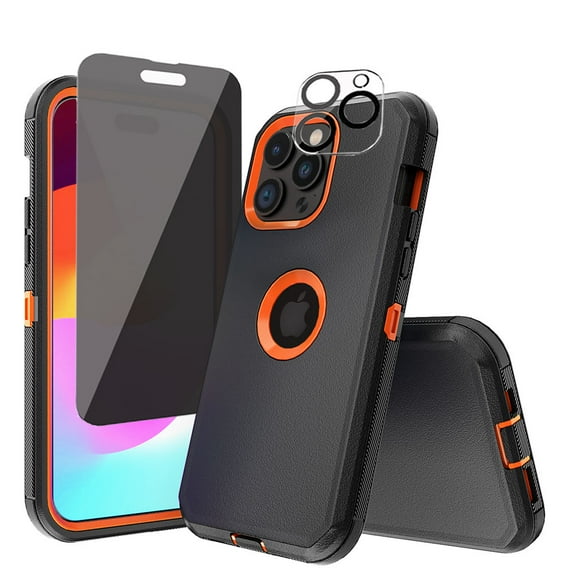 TASHHAR for iPhone 15 Case with Privacy Screen and Lens Protector Military Grade Heavy Duty 3 in 1 Shockproof Armor iPhone 15 6.1 inch 2023 Phone - Black+Orange