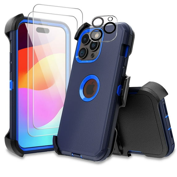 TASHHAR iPhone 15 Case with Screen and Lens Protector and Belt Clip Holster Military Grade Heavy Duty 3 in 1 Shockproof Armor for iPhone 15 6.1 inch 2023 Phone - Dark Blue+Blue