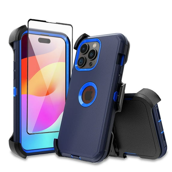TASHHAR for iPhone 15 Case with Screen Protector and Belt Clip Holster Military Grade Heavy Duty Protection 3 in 1 Shockproof Armor Rugged Durable iPhone 15 6.1 inch 2023 Phone - Dark Blue+Blue