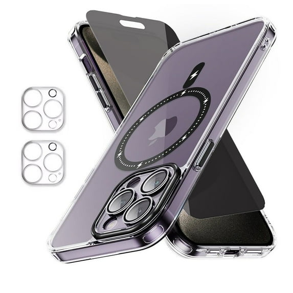 TASHHAR iPhone 15 Magnetic Case with Privacy Screen and Lens Protector Compatible with Magsafe Shockproof Non-Yellowing Crystal Clear Phone Case for iPhone 15 6.1 Inch Black