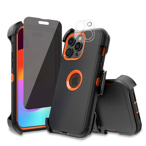 TASHHAR for iPhone 15 Plus Case with Privacy Screen and Lens Protector and Belt Clip Holster Military Grade Heavy Duty 3 in 1 Shockproof Armor iPhone 15 Plus 6.7 inch 2023 Phone - Black+Orange