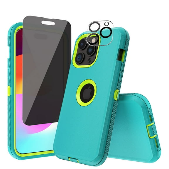 TASHHAR iPhone 15 Pro Case with Privacy Screen and Lens Protector Military Grade Heavy Duty 3 in 1 Shockproof Armor for iPhone 15 Pro 6.1 inch 2023 Phone - Green+Yellow