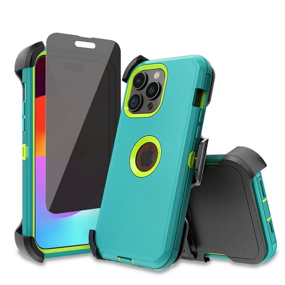 TASHHAR iPhone 15 Pro Case with Privacy Screen Protector and Belt Clip Holster Military Grade Heavy Duty 3 in 1 Shockproof Armor Rugged Durable for iPhone 15 Pro 6.1 inch 2023 Phone - Green+Yellow