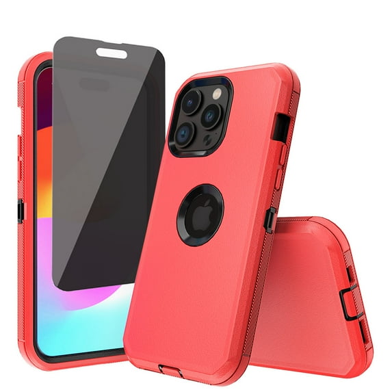 TASHHAR iPhone 15 Pro Case with Privacy Screen Protector Military Grade Heavy Duty 3 in 1 Shockproof Armor Rugged Durable Detachable for iPhone 15 Pro 6.1 inch 2023 Phone - Red+Black
