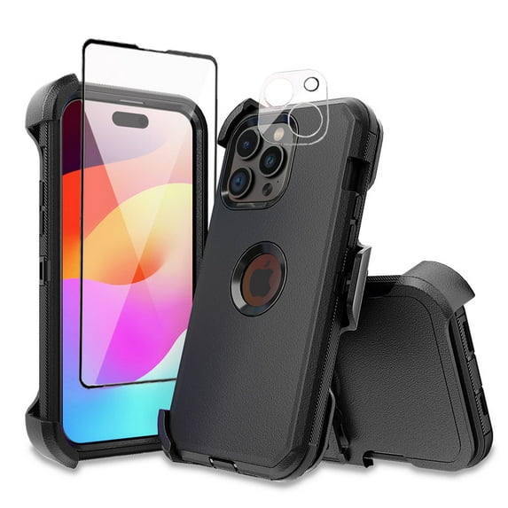 TASHHAR iPhone 15 Pro Case with Screen and Lens Protector and Belt Clip Holster Military Grade Heavy Duty 3 in 1 Shockproof Armor for iPhone 15 Pro 6.1 inch 2023 Phone - Black