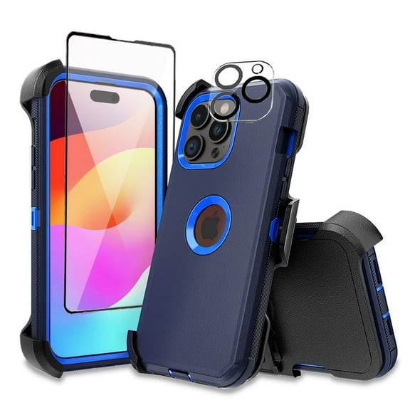 TASHHAR iPhone 15 Pro Case with Screen and Lens Protector and Belt Clip Holster Military Grade Heavy Duty 3 in 1 Shockproof Armor for iPhone 15 Pro 6.1 inch 2023 Phone - Dark Blue+Blue