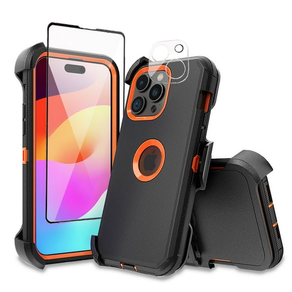 TASHHAR iPhone 15 Pro Case with Screen and Lens Protector and Belt Clip Holster Military Grade Heavy Duty 3 in 1 Shockproof Armor for iPhone 15 Pro 6.1 inch 2023 Phone - Black+Orange