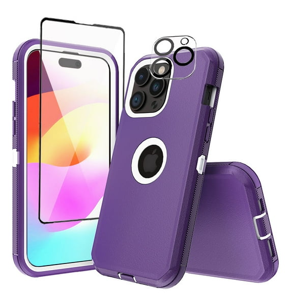 TASHHAR iPhone 15 Pro Case with Screen and Lens Protector Military Grade Heavy Duty 3 in 1 Shockproof Armor for iPhone 15 Pro 6.1 inch 2023 Phone - Purple+White