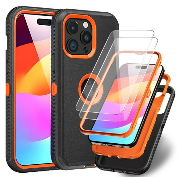 TASHHAR iPhone 15 Pro Case with Screen Protector Military Grade Heavy Duty 3 in 1 Shockproof Armor Rugged Durable Detachable for iPhone 15 Pro 6.1 inch 2023 Phone - Black+Orange