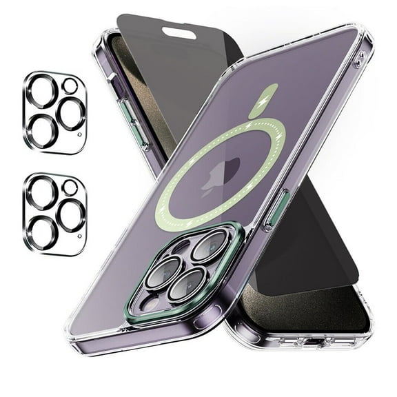 TASHHAR iPhone 15 Pro Magnetic Case with Privacy Screen and Lens Protector Compatible with Magsafe Shockproof Non-Yellowing Crystal Clear Phone Case for iPhone 15 Pro 6.1 Inch Green