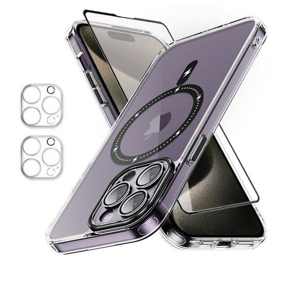 TASHHAR iPhone 15 Pro Magnetic Case with Screen and Lens Protector Compatible with Magsafe Shockproof Non-Yellowing Crystal Clear Phone Case for iPhone 15 Pro 6.1 Inch Black