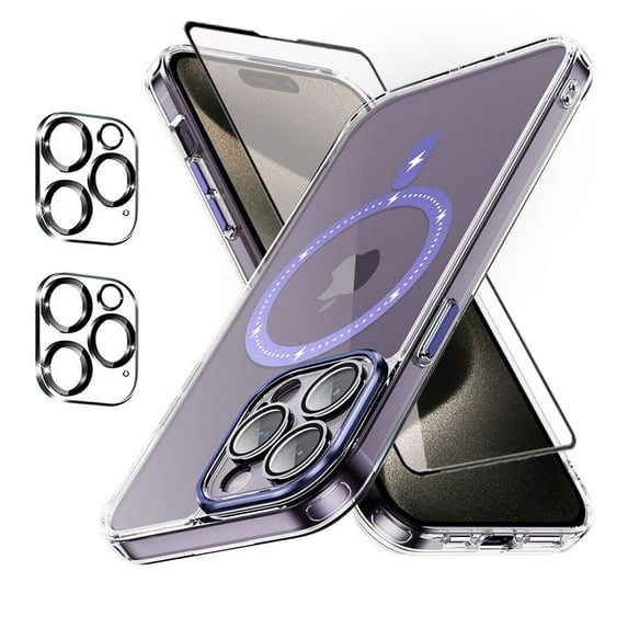 TASHHAR iPhone 15 Pro Magnetic Case with Screen and Lens Protector Compatible with Magsafe Shockproof Non-Yellowing Crystal Clear Phone Case for iPhone 15 Pro 6.1 Inch Purple