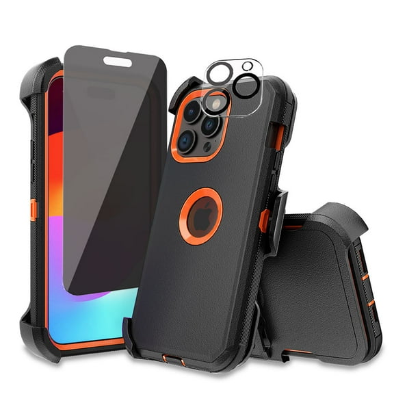 TASHHAR for iPhone 15 Pro Max Case with Privacy Screen and Lens Protector and Belt Clip Holster Military Grade Heavy Duty 3 in 1 Shockproof Armor iPhone 15 Pro Max 6.7 inch 2023 Phone - Black+Orange