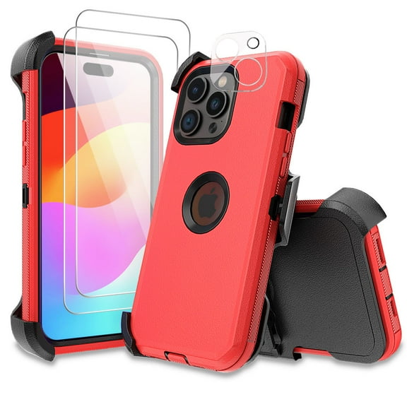 TASHHAR for iPhone 15 Pro Max Case with Screen and Lens Protector and Belt Clip Holster Military Grade Heavy Duty 3 in 1 Shockproof Armor iPhone 15 Pro Max 6.7 inch 2023 Phone - Red+Black