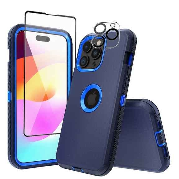 TASHHAR for iPhone 15 Pro Max Case with Screen and Lens Protector Military Grade Heavy Duty 3 in 1 Shockproof Armor iPhone 15 Pro Max 6.7 inch 2023 Phone - Dark Blue+Blue