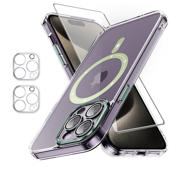 TASHHAR iPhone 15 Pro Max Magnetic Case with Screen and Lens Protector Compatible with Magsafe Shockproof Non-Yellowing Crystal Clear Phone Case for iPhone 15 Pro Max 6.7 Inch Green
