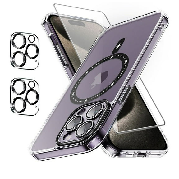 TASHHAR iPhone 15 Pro Max Magnetic Case with Screen and Lens Protector Compatible with Magsafe Shockproof Non-Yellowing Crystal Clear Phone Case for iPhone 15 Pro Max 6.7 Inch Black