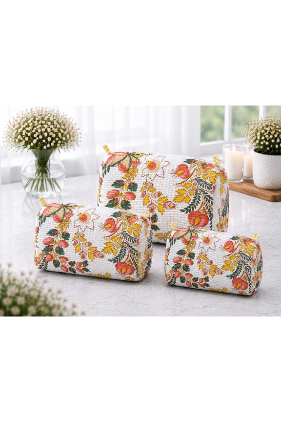 Hand-Block Printed Floral Cotton Makeup Bag Set, Quilted Cosmetic Pouches for Women, Autumn Leaf Toiletry Organizer, Embroidered Travel Makeup Bags, Set of 3