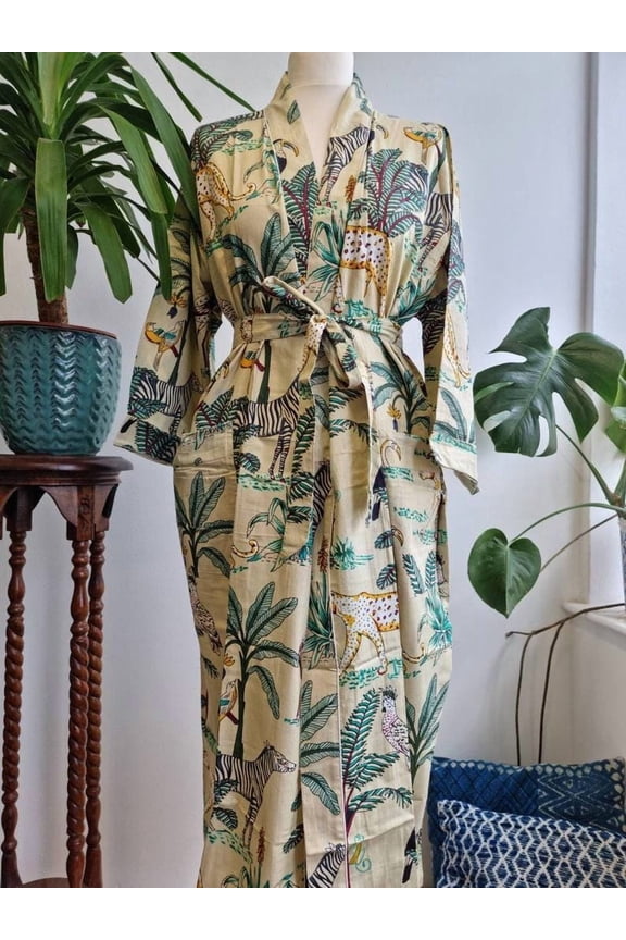 Women's Beige Multicolor Jungle Print Cotton Kimono Robe Lightweight Beach Cover Up, Boho Bathrobe & Lounge Wear