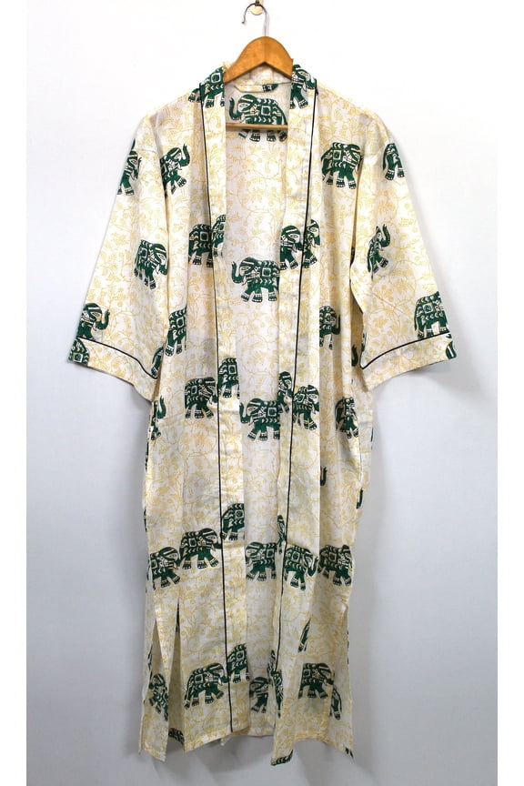 Women's Hand Block Print Cotton Kimono Robe Elephant Pattern Bathrobe, Boho Lounge Wear & Beach Cover Up