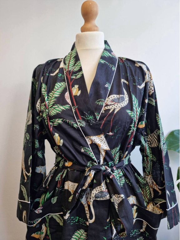 Women's Jungle Print Cotton Kimono Bathrobe Boho Beach Cover Up, Hippie Dressing Gown with Pockets