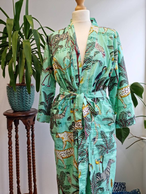 Women's Jungle Print Cotton Kimono Bathrobe Boho Beach Cover Up, Hippie Dressing Gown with Pockets
