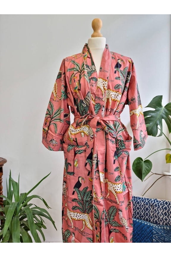 Women's Peach Multicolor Jungle Print Cotton Kimono Robe Bridesmaid Bathrobe, Beach Cover Up & Boho Lounge Wear