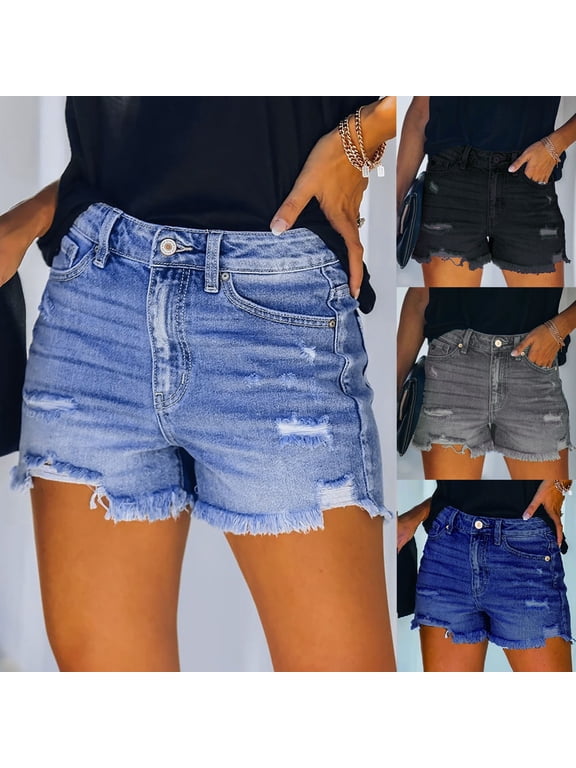 Black Jean Shorts Womens Casual Soild Color Stretchy Ripped Versatile Denim Shorts Fringed Hem Lightweights Trendy Denim Shorts with Pockets for Summer Outfit