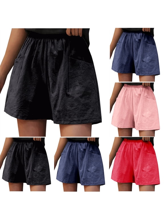 Black Wide Leg Shorts for Womens High Waist Cotton Linen Straight Leg Lounges Shorts Elastic Waist Casual Soft Breathable Loose Shorts with Pockets for Work Daily Wear