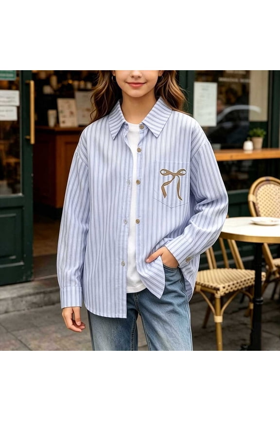 Girls Long Sleeve Shirts Button Down Tops Butterfly Print Spread Collar Blouses Casual Breathable Loose Soft Tops Spring and Summer Lightweight
