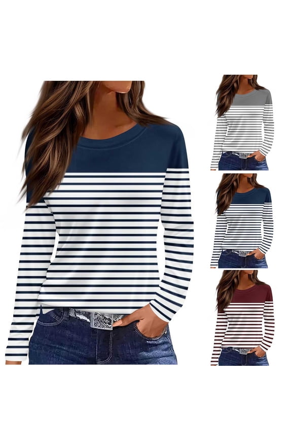 Gray Womens Striped Oversized Tops Round Neck Fashion Print Pullover Casual Long Sleeve Blouses Soft Breathable Loose Tops for Work Daily