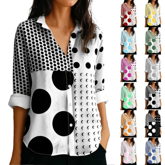 TASICA Green Womens Polka Dots Printed Shirts Button Down Spreads Collar Tops Casual Long Sleeve Blouses Soft Comfortable Loose Trendys Shirts for Work Daily