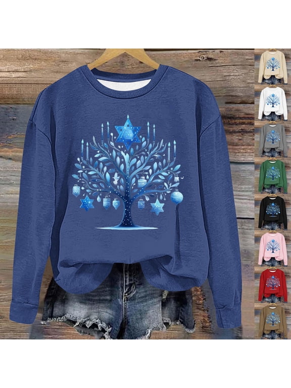 Hanukkah Sweatshirt for Women Long Sleeve Crewneck Pullover Tops Casual Soft Breathable Blouses Lightweights Fashion Winter Oversized Sweatshirts