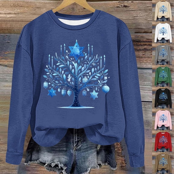 TASICA Hanukkah Sweatshirt for Women Long Sleeve Crewneck Pullover Tops Casual Soft breathable Blouses Lightweights Fashion Winter Oversized Sweatshirts