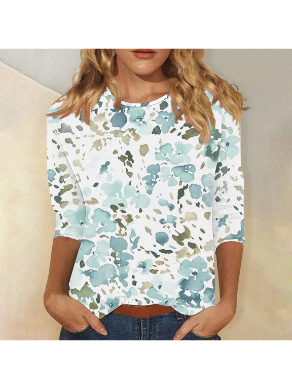 Multicolor 3/4 Length Sleeve Womens Tops Casual Crewneck Color Blocks Printed Pullover Loose Fits Trendys Blouses Soft Breathable Comfortable Shirts Daily Clothe
