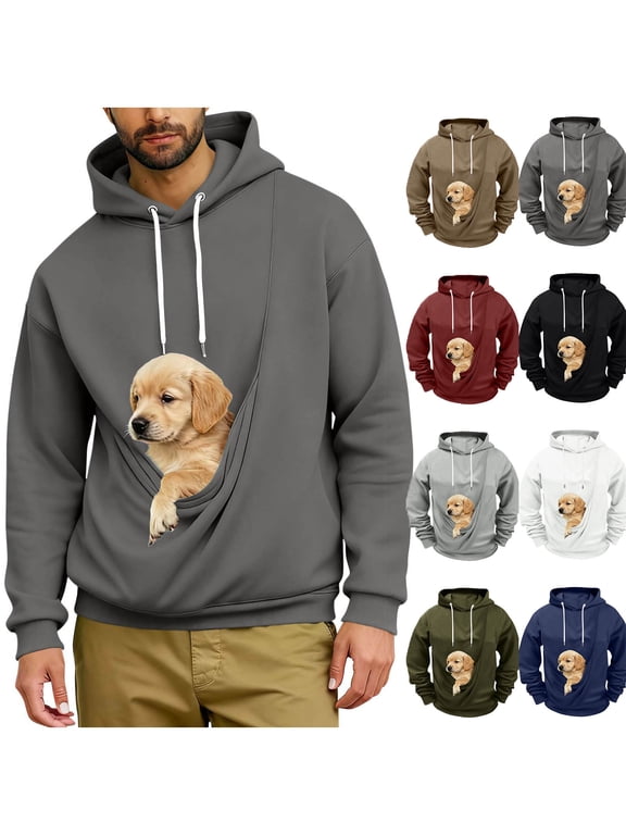 Navy Pett Pouch Hoodies for Men with Kangaroo Pocket Oversized Trendy Sweatshirts Casual Long Sleeve Blouses Cats Dog Large Pouch Carriers Pullover